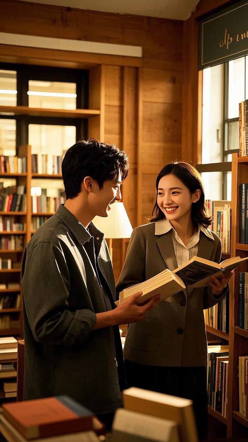一对情侣在街边旧书摊前不约而同拿起同一本书，相视而笑