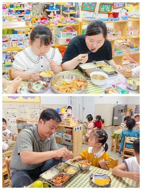 家长在餐桌旁给幼儿讲解日常食物认知的在家早教场景