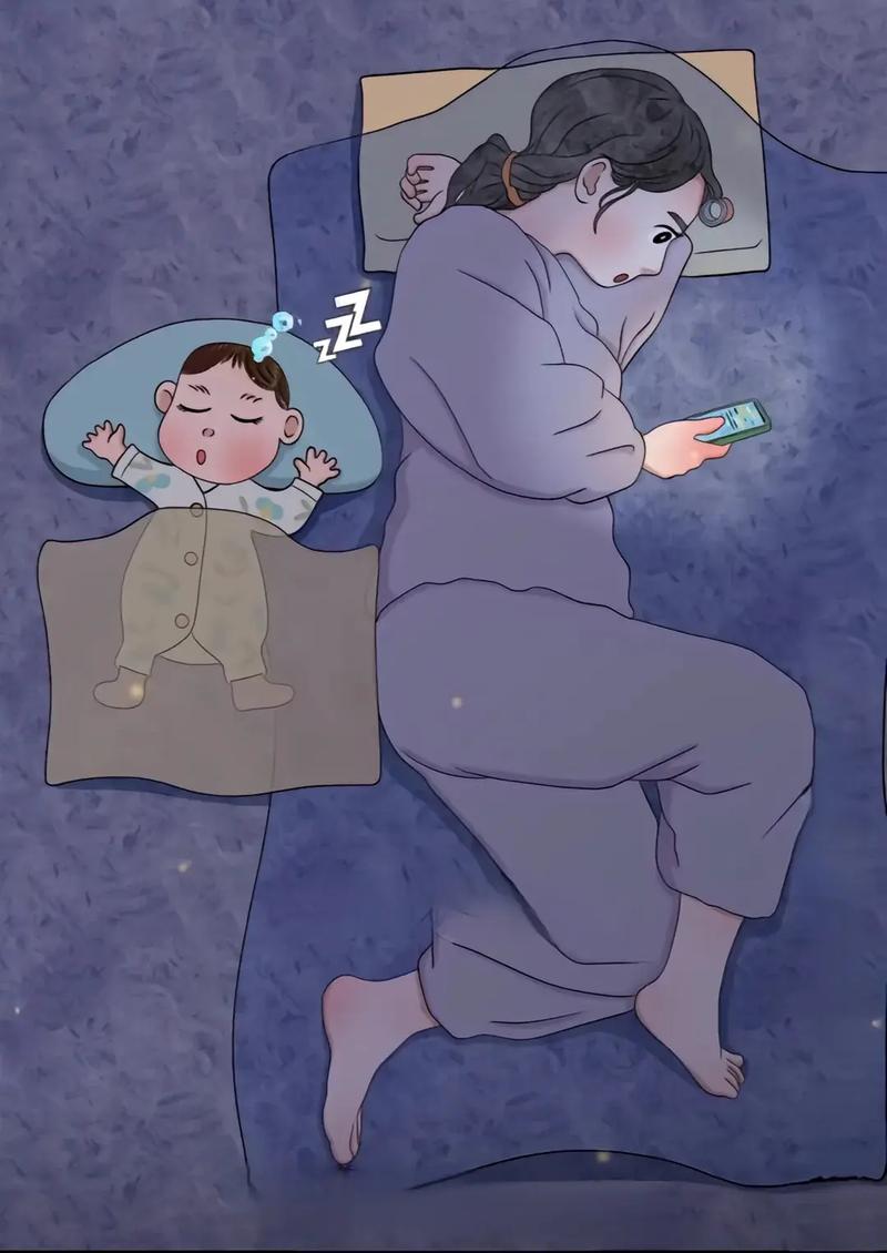 妈妈深夜哄睡孩子后疲惫地看手机