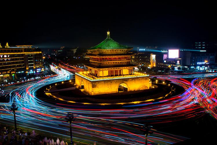 西安钟楼夜景车流光轨实拍图