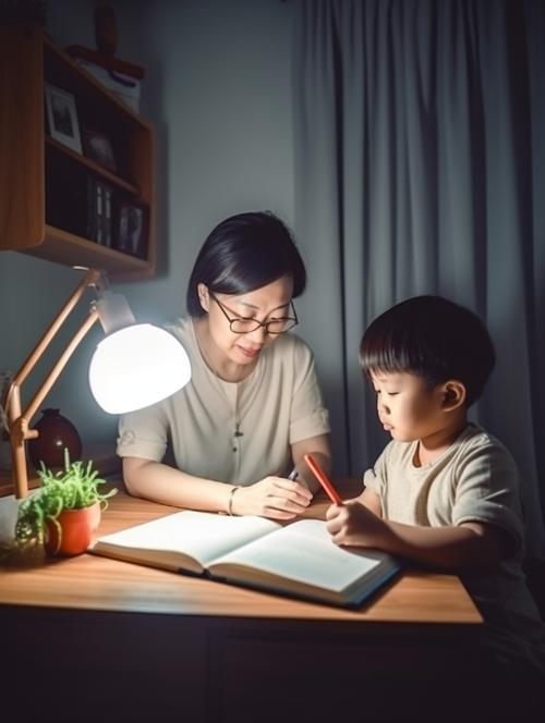 家长握着孩子手一起开小夜灯检查床底