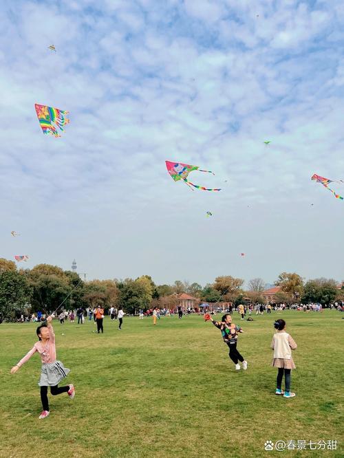 周末城市公园亲子放风筝休闲运动场景