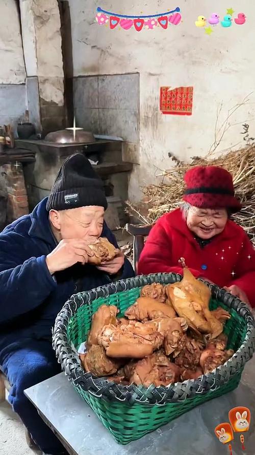 老人给肥胖京巴喂红烧肉日常场景
