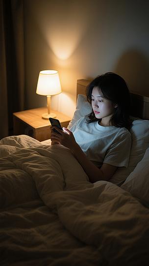 女生偷偷翻对象手机的卧室夜景场景