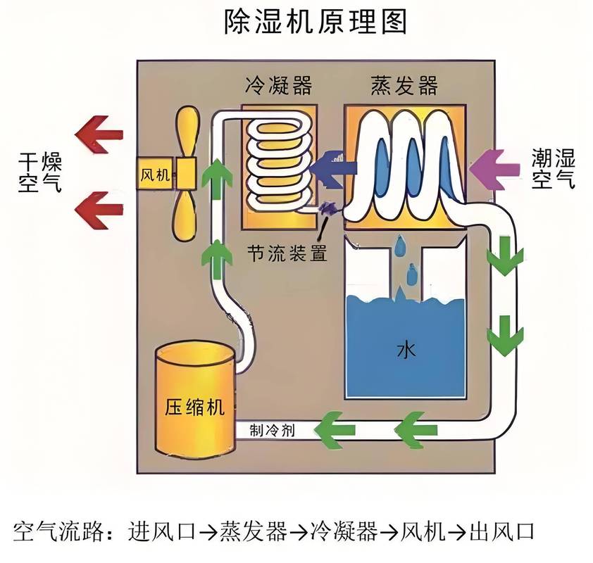 除湿机与空调除湿原理对比示意图