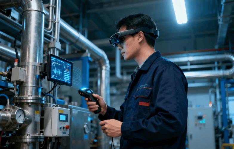 工人佩戴增强现实AR眼镜查看机电设备内部运行参数