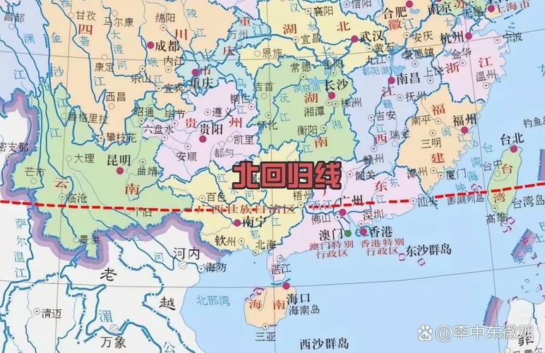 北回归线穿过中国城市标记地理图