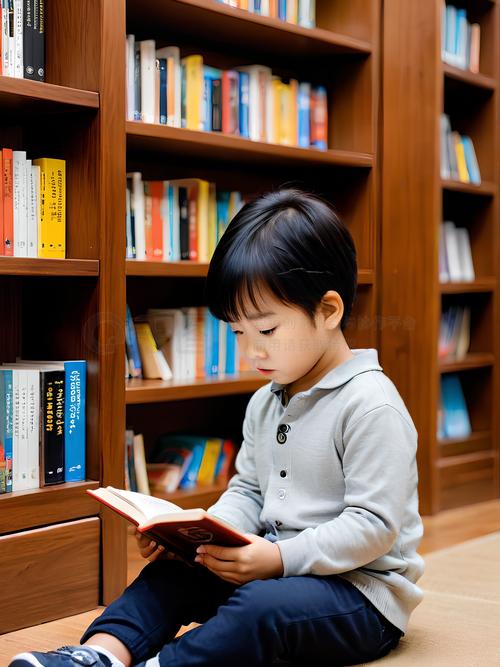 孩子坐在整洁书架前专注阅读