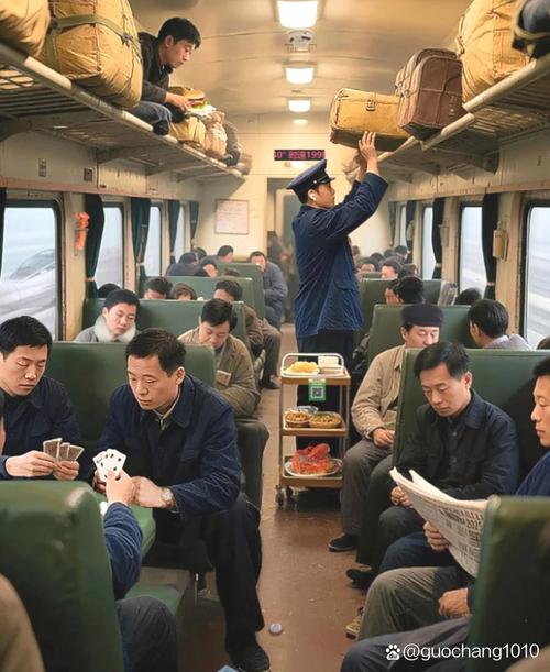 绿皮车车厢内景，人们在聊天