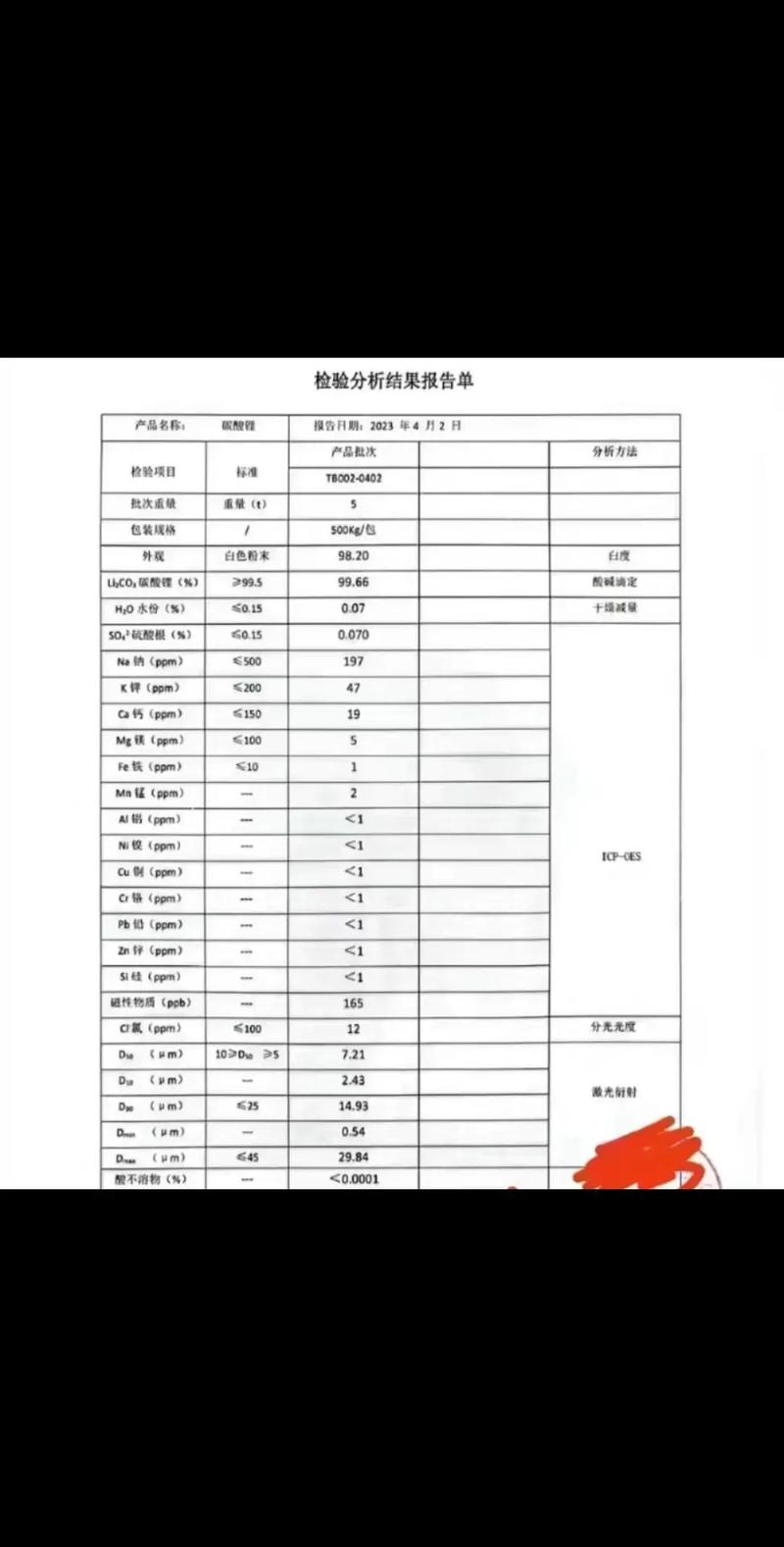 锂电回收碳酸锂产品杂质ICP检测报告图