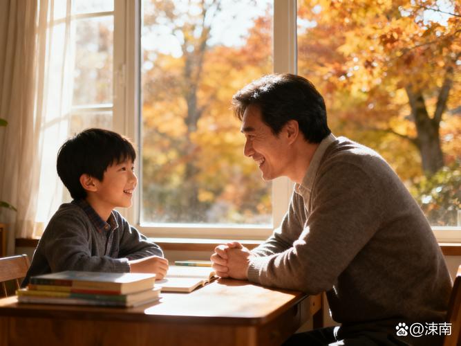 爸爸在一旁看书陪小学生写作业的温馨画面