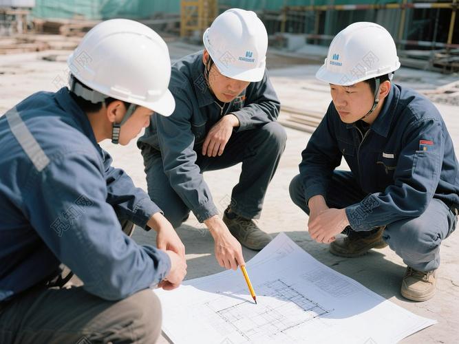 建筑工人带着安全帽在工地对照图纸