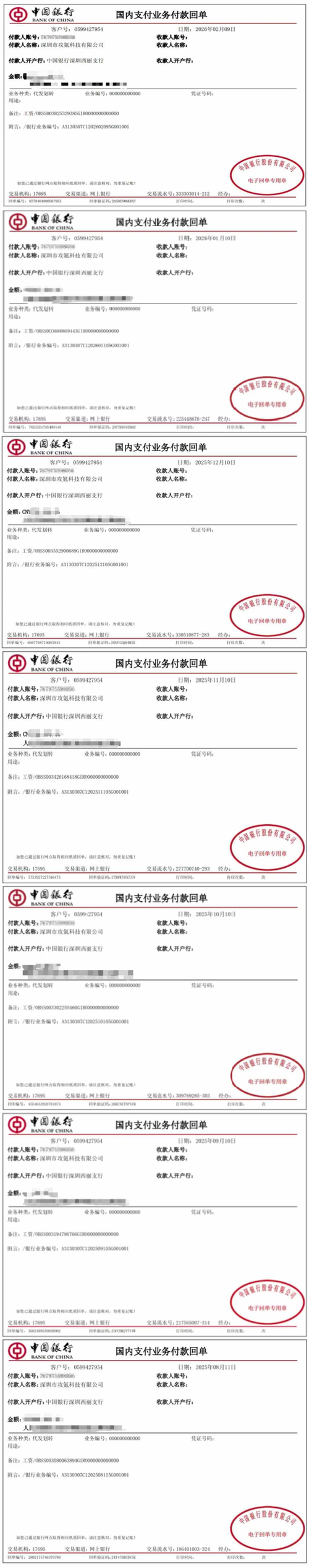 企业财务月度工资发放银行转账凭证