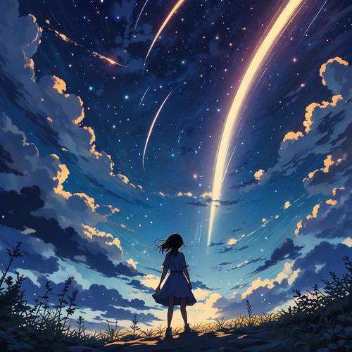 流星划过星空许愿卡通插画讽刺风格