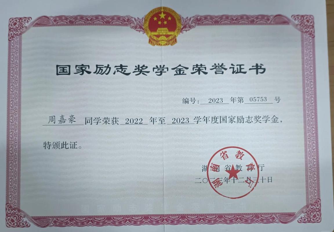 大学生展示奖学金证书