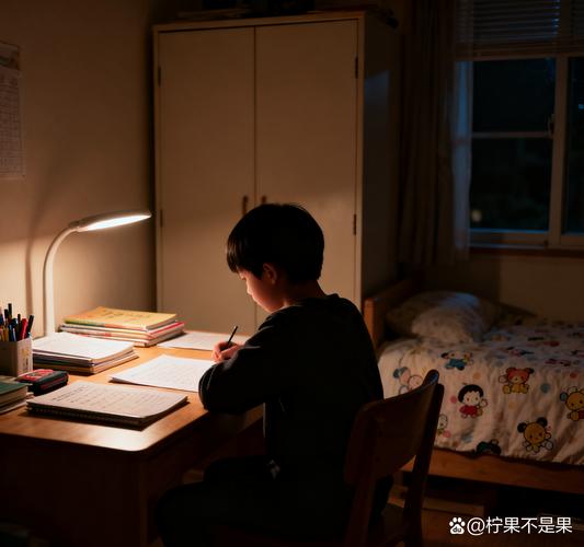 孩子独自在台灯下写作业的背影 小学生书房