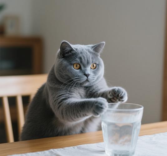 猫咪将玻璃杯推下桌子的瞬间抓拍