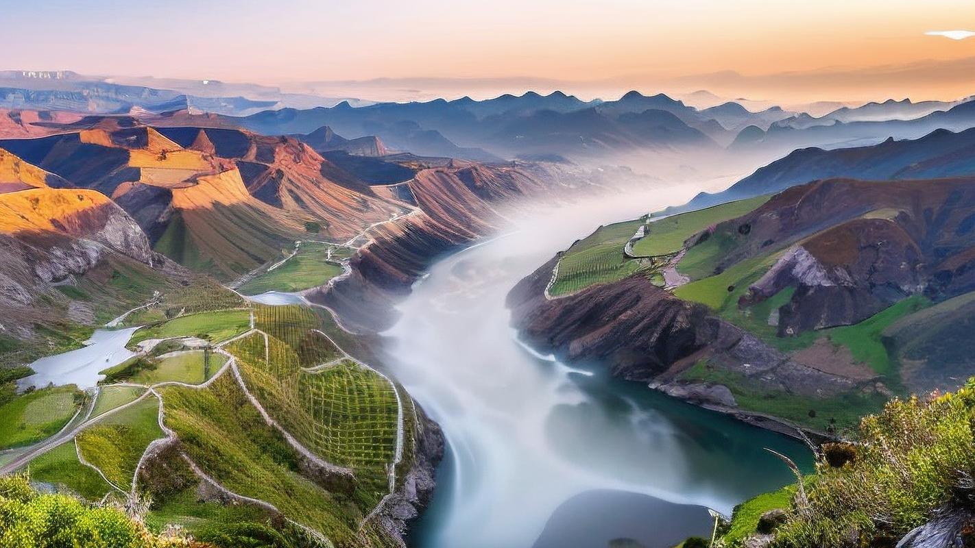 大地承载山川河流的意象图