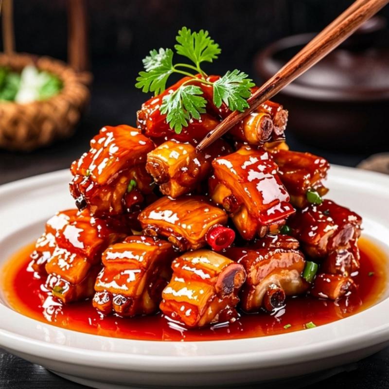 传统中式菜肴糖醋排骨摆盘特写