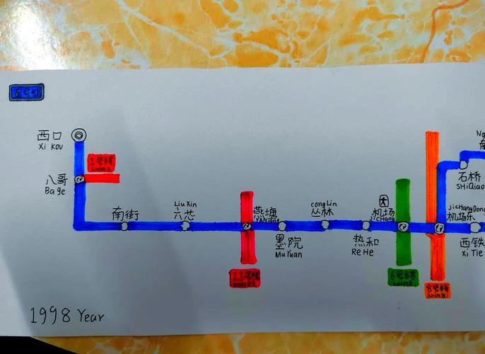 教师蹲在学生书桌旁看孩子手绘的地铁线路图