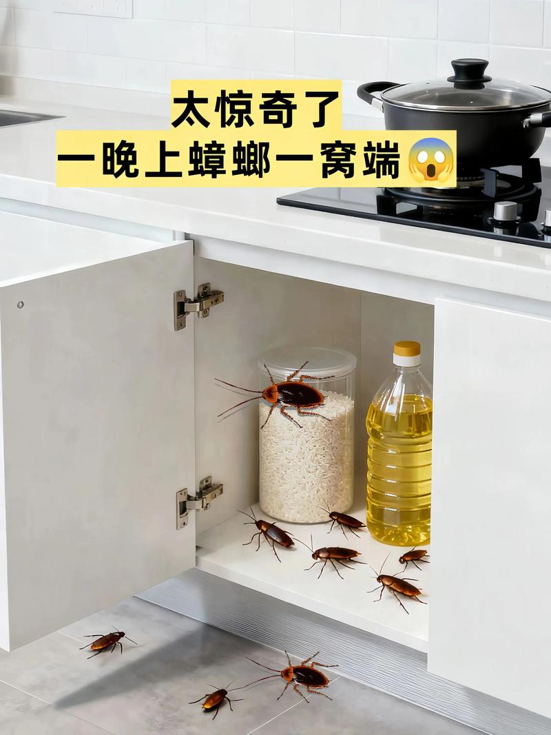 厨房垃圾桶边爬蟑螂的实拍场景