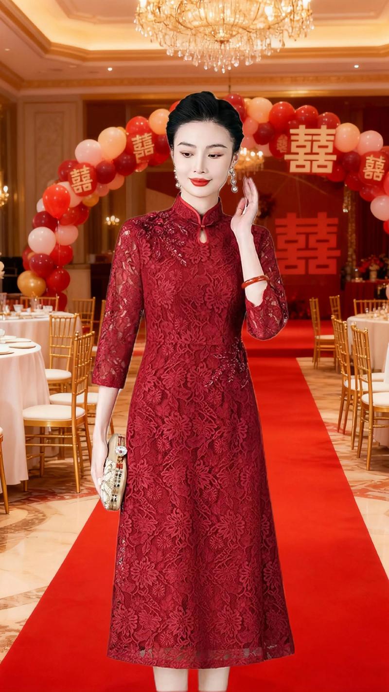 婚礼婆婆装酒红色蕾丝改良旗袍