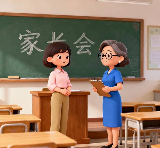 小学家长会后教室门口家长和老师聊天场景