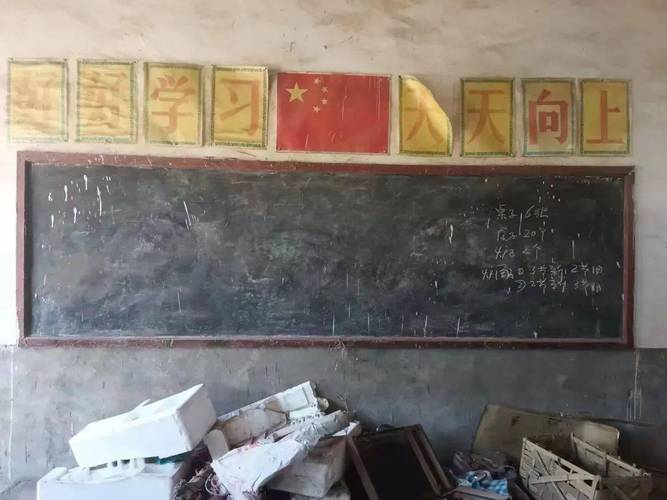 西部地区乡村小学教室内破旧的粉笔和黑板