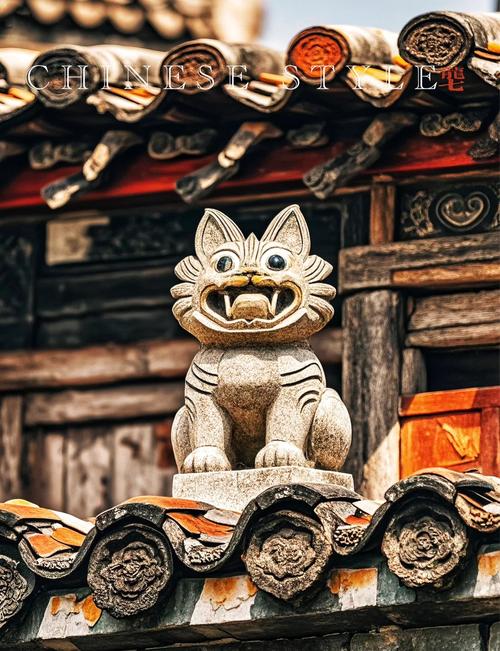 云南民居屋脊上的瓦猫特写