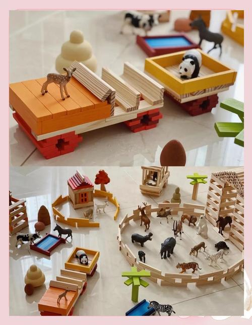 孩子用积木搭建动物家园的俯拍图