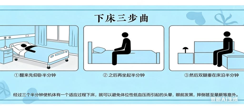 低血压人群正确晨起下床步骤示意图