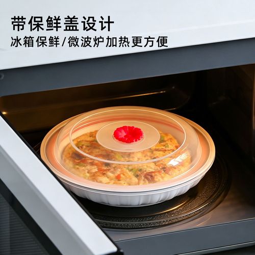 微波炉加热剩饭加盖陶瓷盘场景