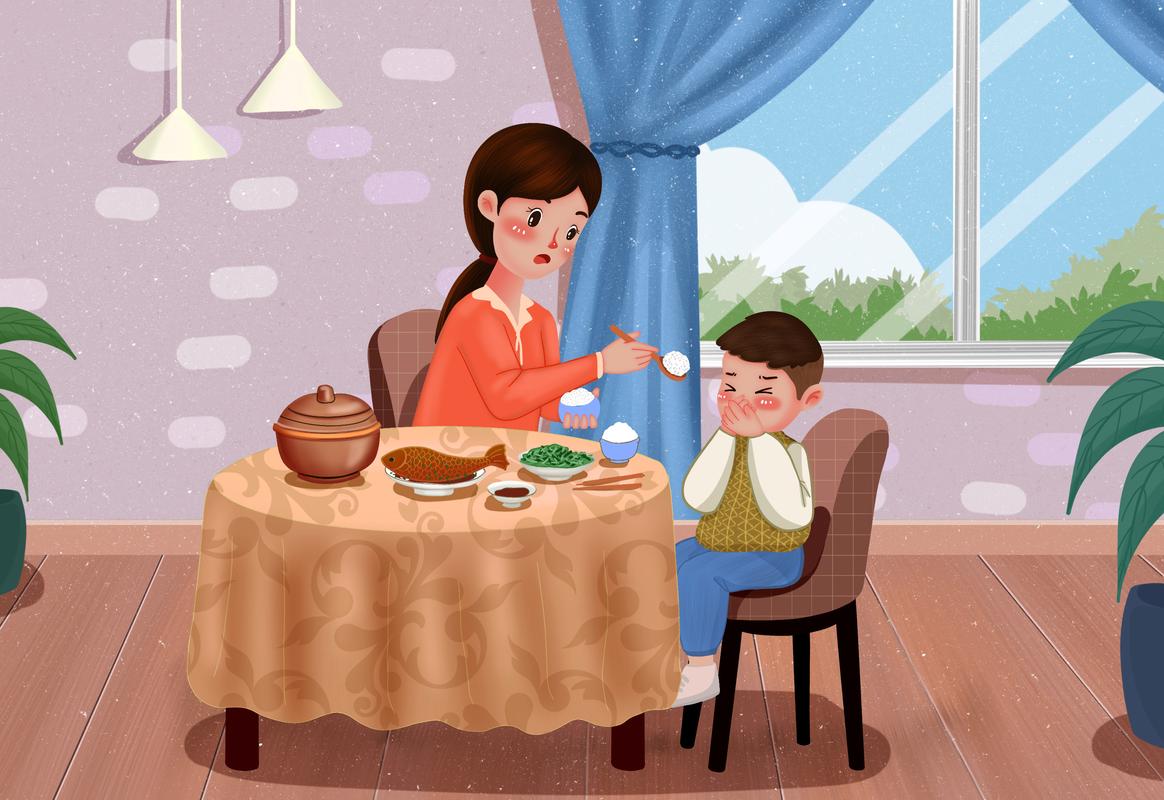 奶奶追着给幼儿喂饭的生活场景插画