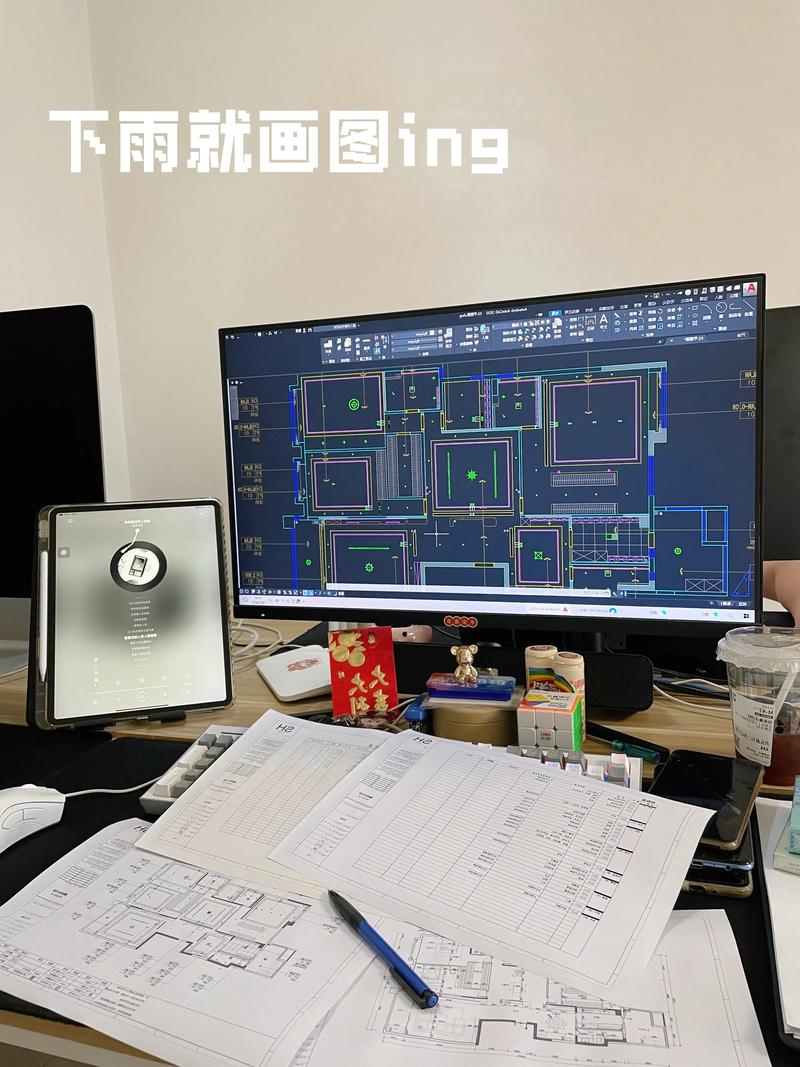 设计师工作台上凌乱的草图本与电脑屏幕对比