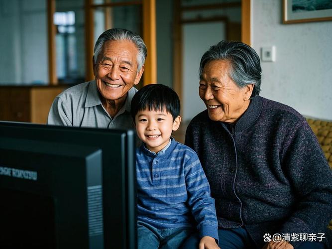 祖孙客厅分吃零食隔代教养场景