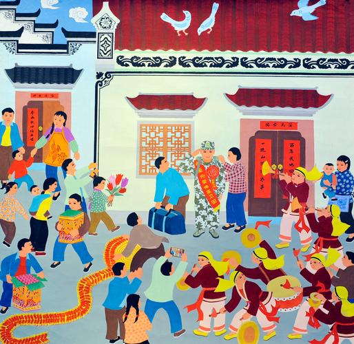 青阳杜村农户灶屋墙上张贴的青阳农民画