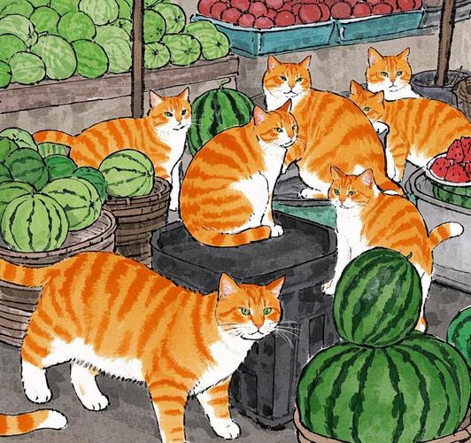 小学男生蹲在水果店西瓜堆旁画橘猫