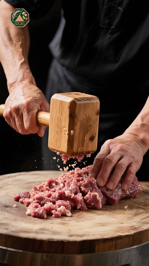 手打牛肉丸捶打过程