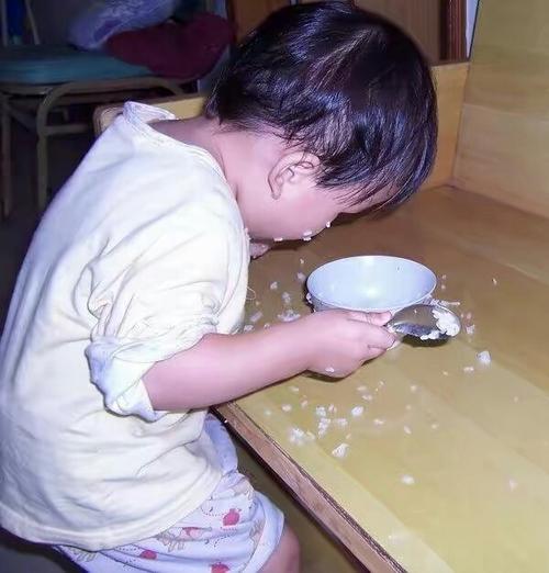 两岁宝宝抢勺子吃饭洒满身场景照