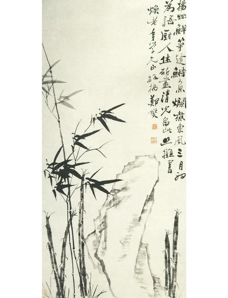 郑板桥竹石图局部 墨竹留白表现光影 清代文人画