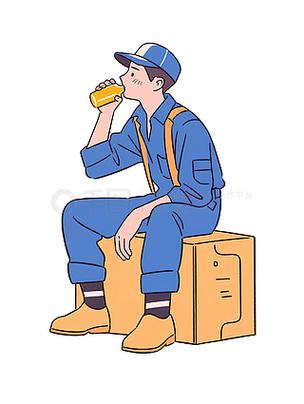 五金加工厂机床旁工人喝水休息手绘插画