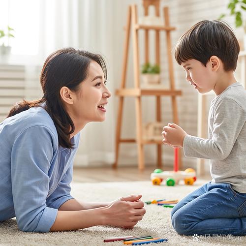 妈妈蹲下来安抚发脾气宝宝客厅场景图