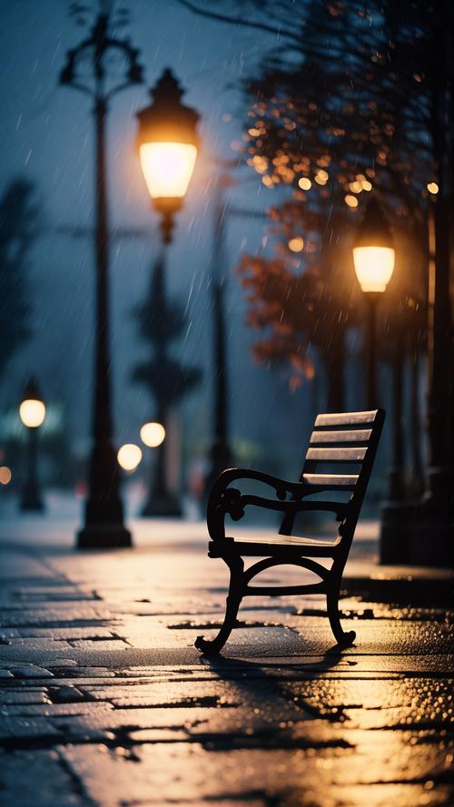 夜晚路灯下空寂的公共长椅光影交错