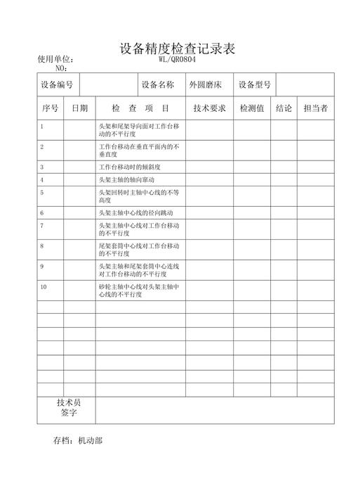 数控卧轴矩台平面磨床成品精度检测记录单