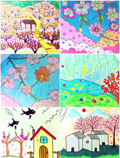 中小学学生手绘桃花源场景简笔画