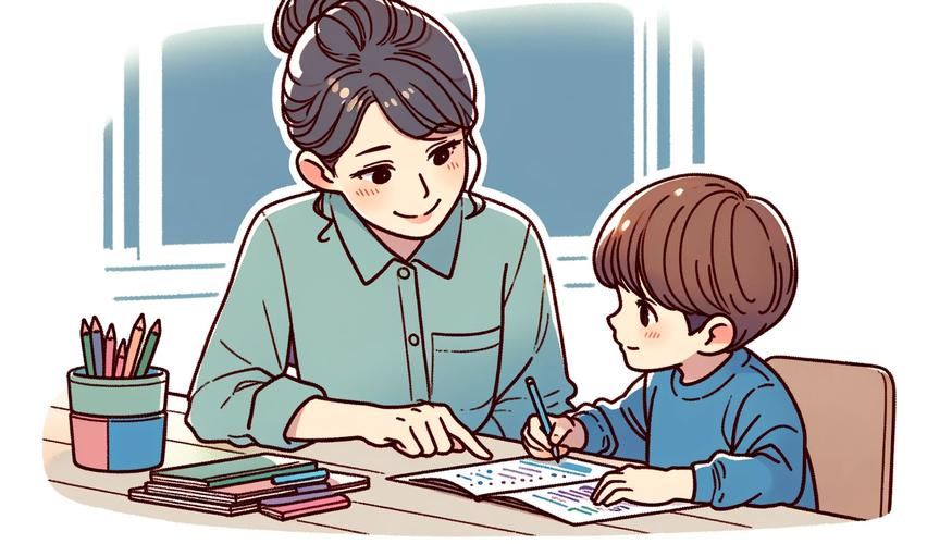 家长辅导孩子做化学题场景温馨插画