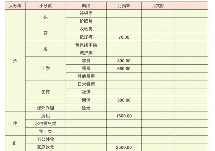 工业养娃家庭月度家庭预算记录表