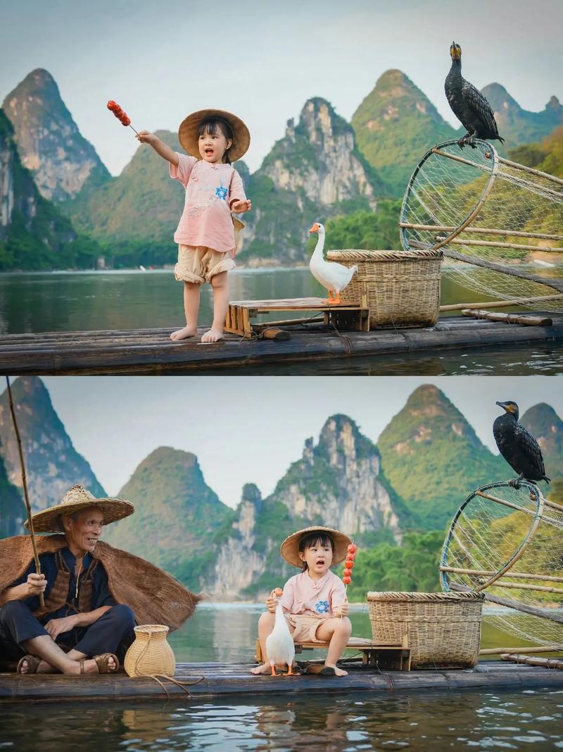 桂林遇龙河晨光亲子背影