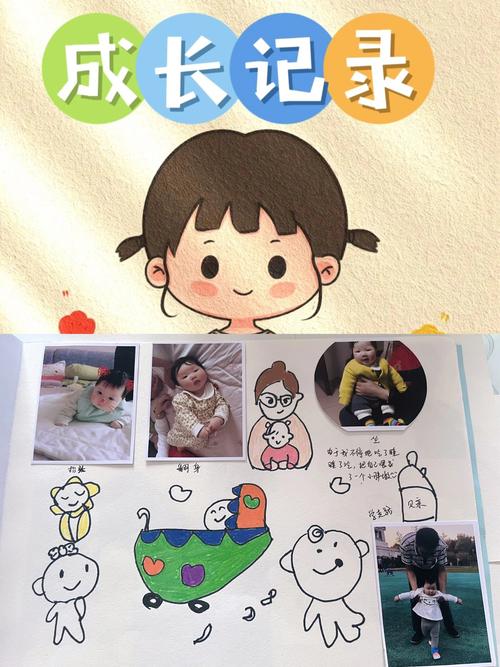 家长和孩子一起粘贴的手工成长画册内页