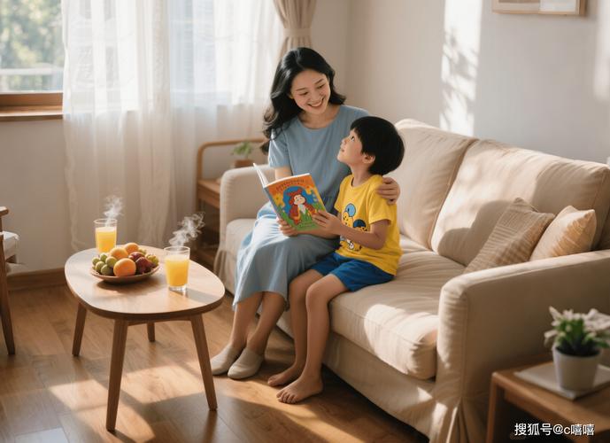 亲子围坐在客厅沙发上对着摊开的名著吃橙子聊天